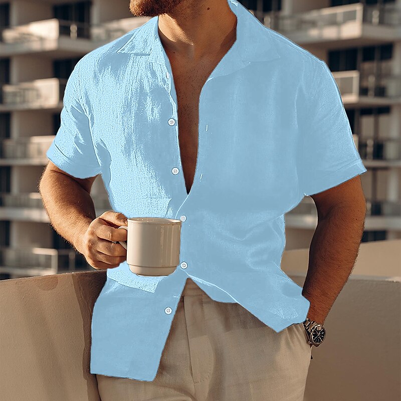 Men's Shirt Linen Shirt Button Up Shirt Casual Shirt Summer Shirt Beach Shirt Black White Pink Short Sleeve Plain Lapel Summer Casual Daily Clothing Apparel Front Pocket