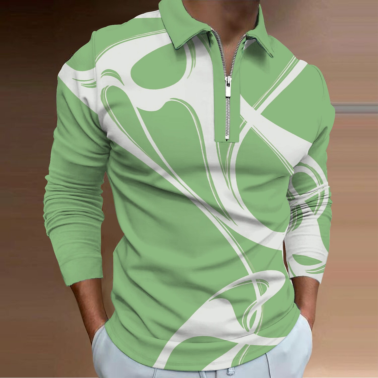 Men's Abstract Graphic Prints Turndown Zipper Long Sleeve Polo Shirt