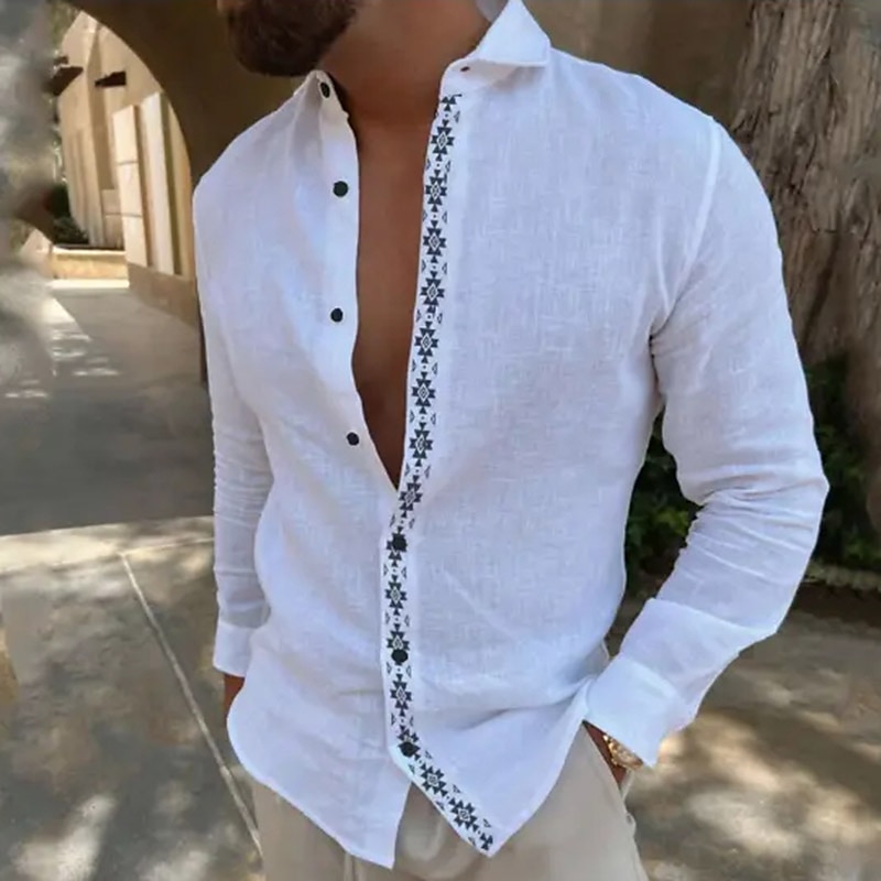 Men's Summer  Beach Plain Lapel Hawaiian Basic Long Sleeve Shirt
