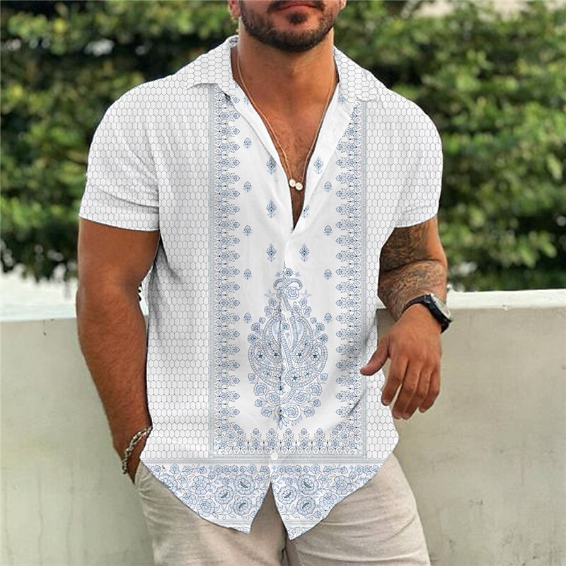 Men's Casual Beach Hawaiian Street Breathable Comfortable Light Pattern Print Lapel Short Sleeve Shirt