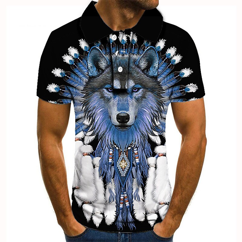 Men's Wolf Graphic 3D Print  Button-Down Short Sleeve Polo Shirt