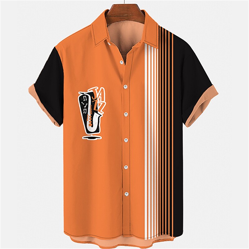 Men's Music Guitar Turndown  Button-Down  Short Sleeves Hawaiian Shirt