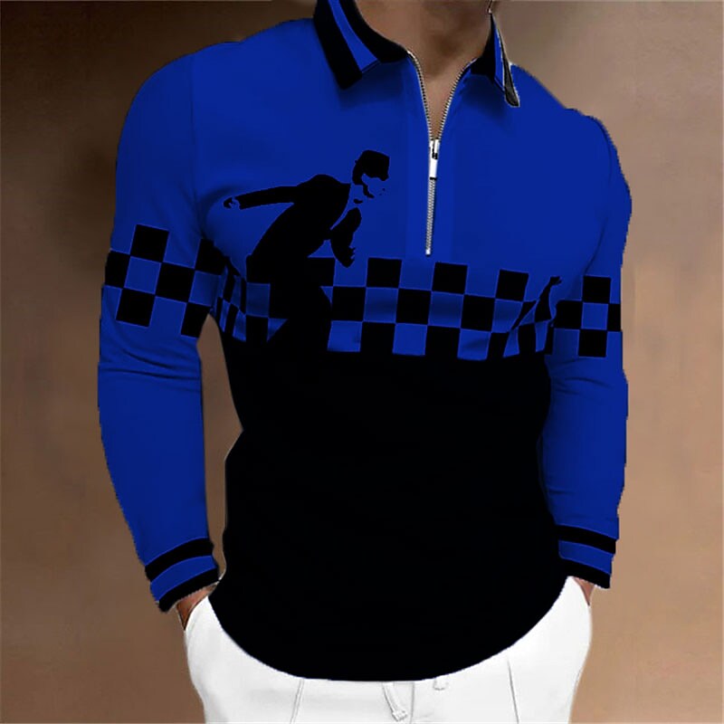 Men's Plaid Graphic Prints Turndown  Zipper Long Sleeve Polo Shirt