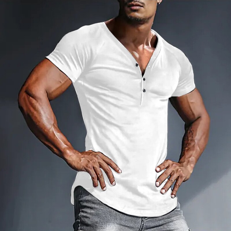 Men's Plain V Neck  Button Short Sleeves Henley Shirt
