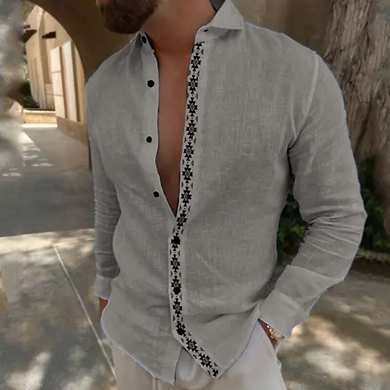 Men's Summer  Beach Plain Lapel Hawaiian Basic Long Sleeve Shirt