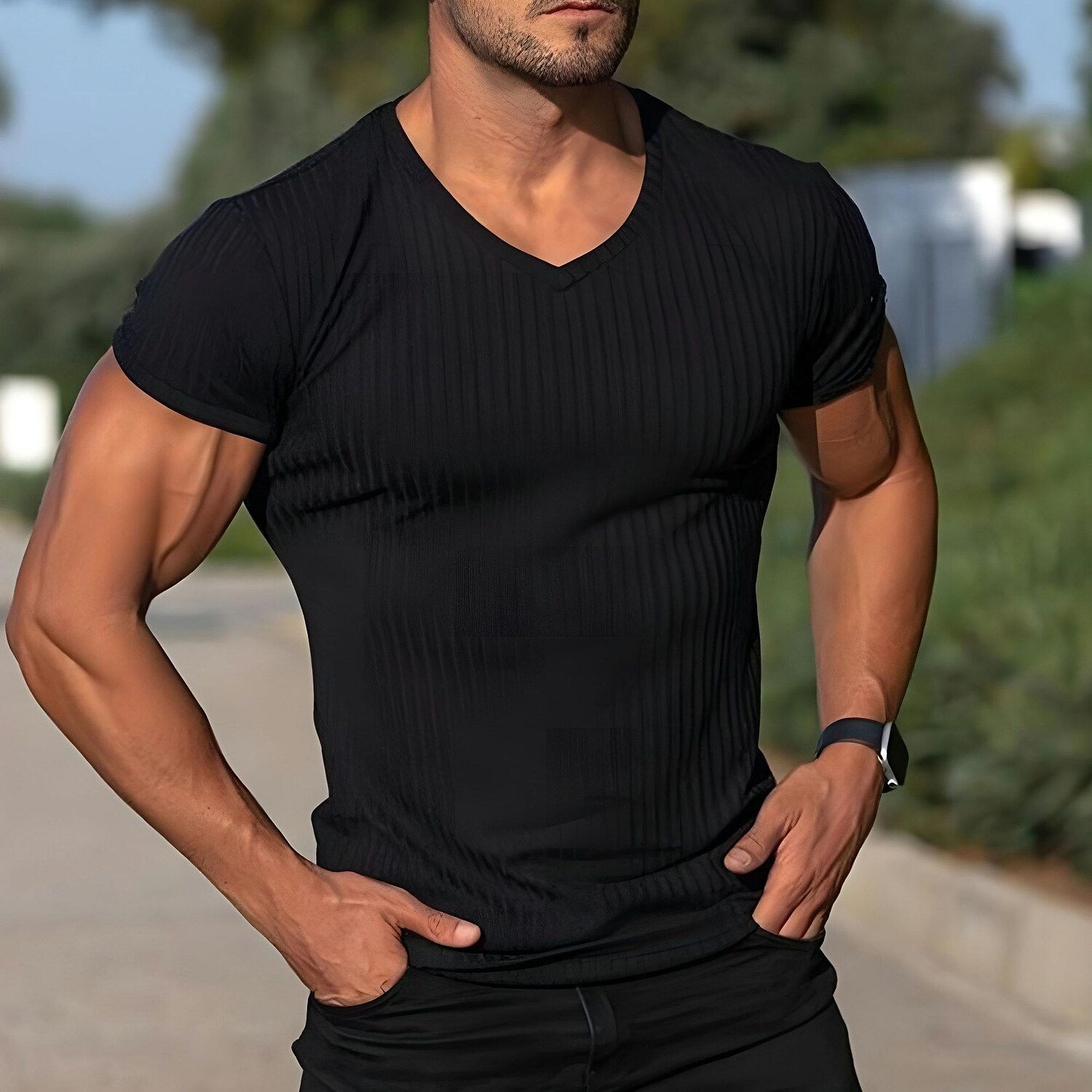 Men's Plain V Neck  Muscle Short Sleeves T-shirt 