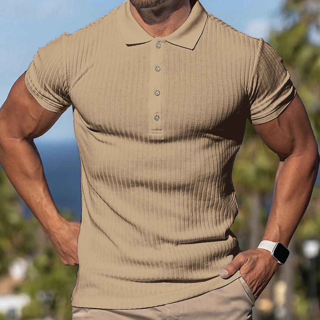 Men's Sports Fitness Leisure Stretch Vertical Strip Short-sleeved Polo Shirt Men