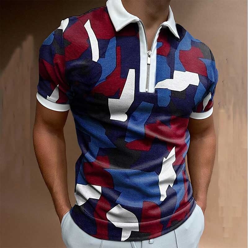 Men's Zip  Graphic Prints Geometry Turndown Short Sleeves Casual Polo Shirt 