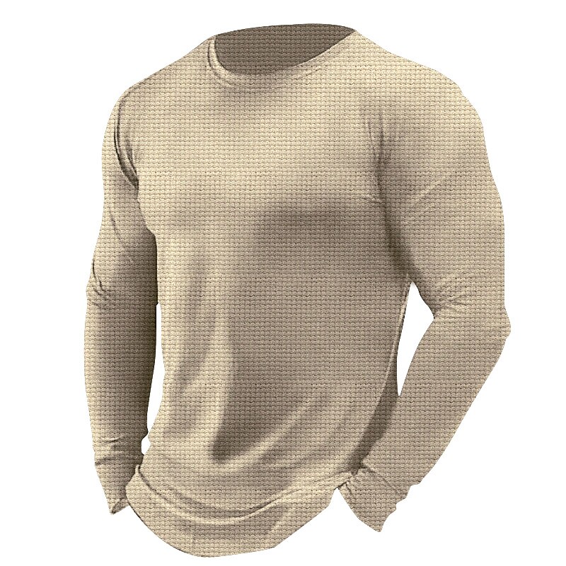 Men's Casual Home Sport Outdoor Breathable Stretch Comfortable Round Neck Waffle Plain Long Sleeve Shirt