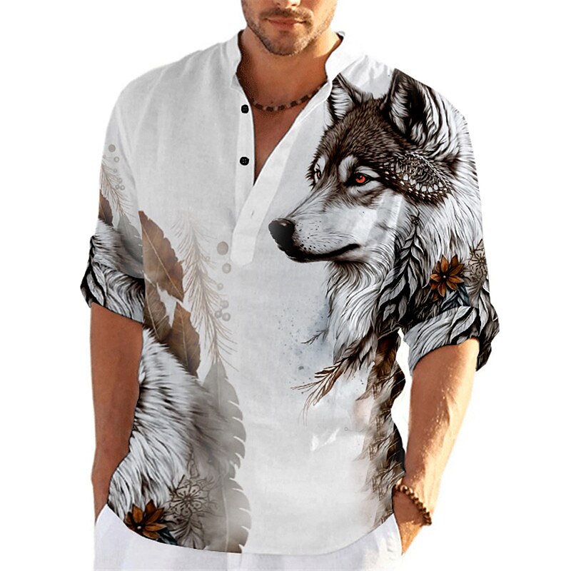 Men's Linen Outdoor Street Fashion Casual Breathable Light Long Sleeves Prints Shirt