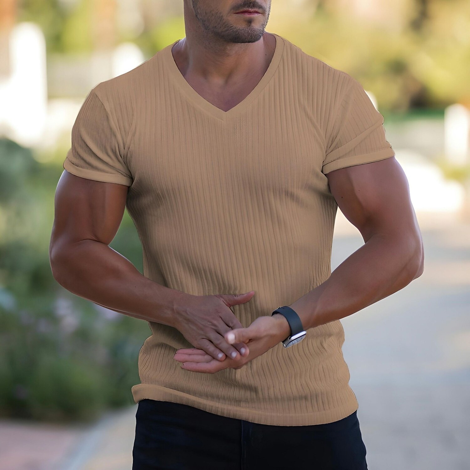 Men's Plain V Neck  Muscle Short Sleeves T-shirt 