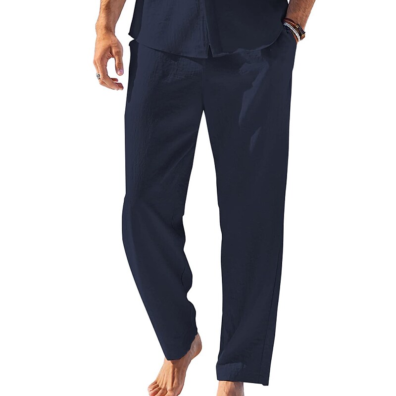 Men's  Drawstring Elastic Waist Plain Comfort Breathable Outdoor  Linen Pants 