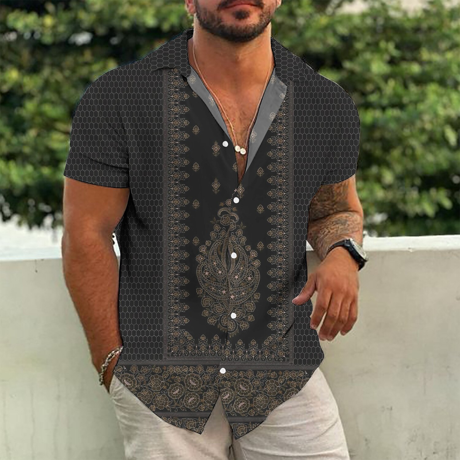 Men's Casual Beach Hawaiian Street Breathable Comfortable Light Pattern Print Lapel Short Sleeve Shirt