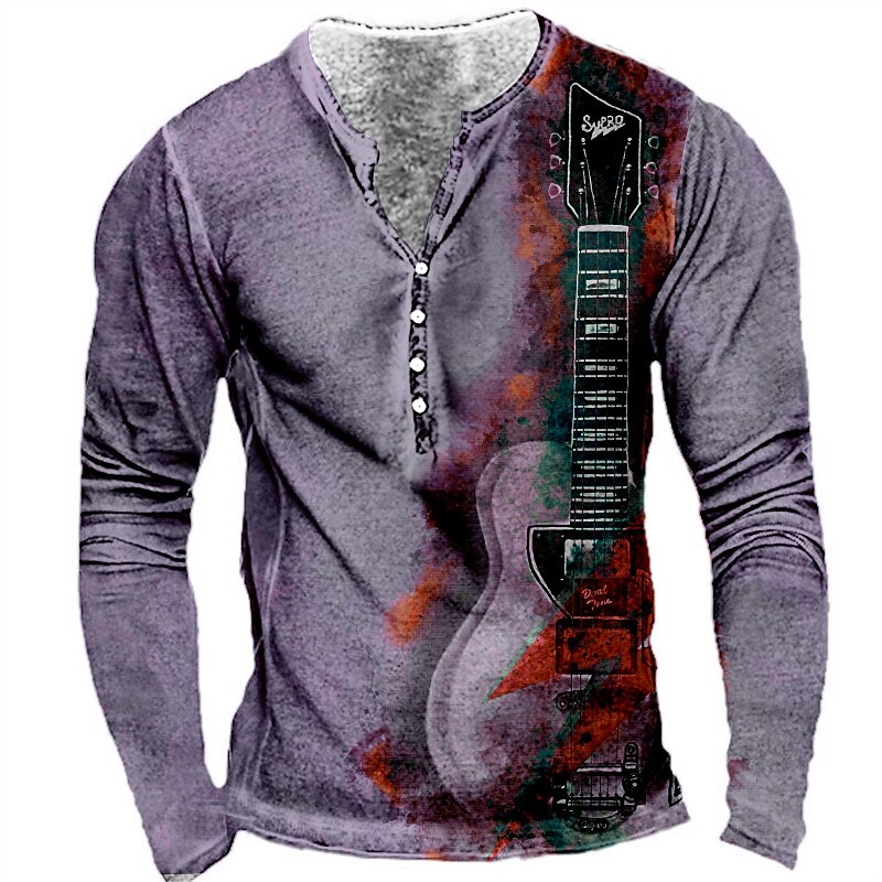 Men's Guitar Button-Down Classic Long Sleeve Henley Shirt