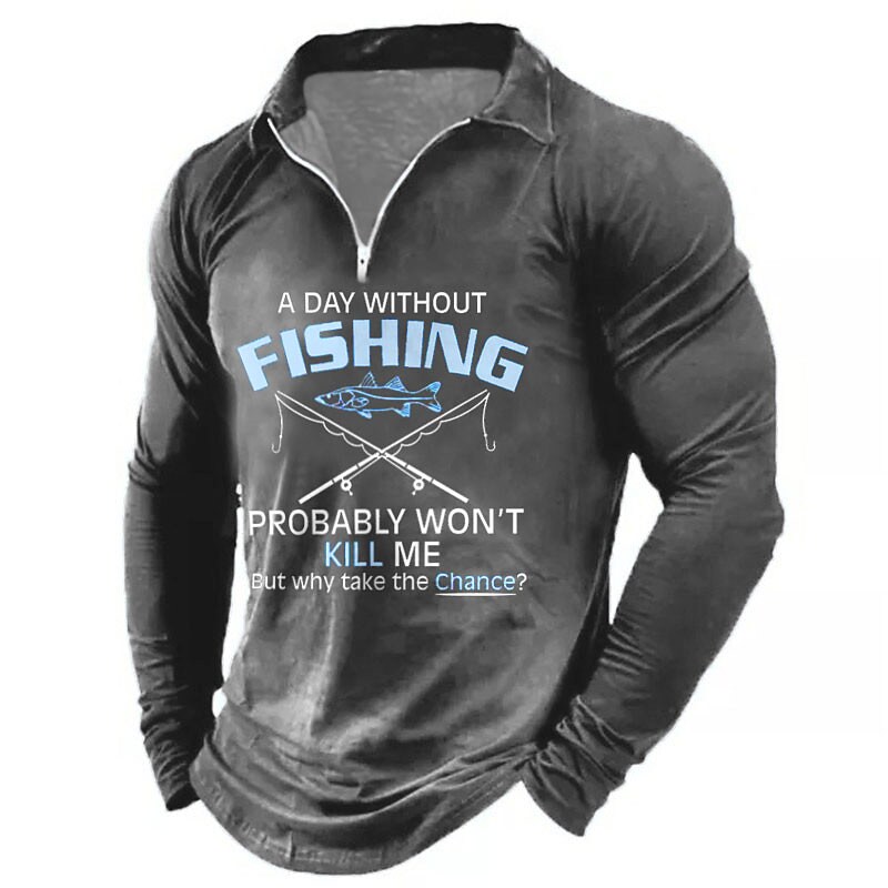 Men's Letter Graphic Prints Turndown  Zipper Long Sleeve Polo Shirt 