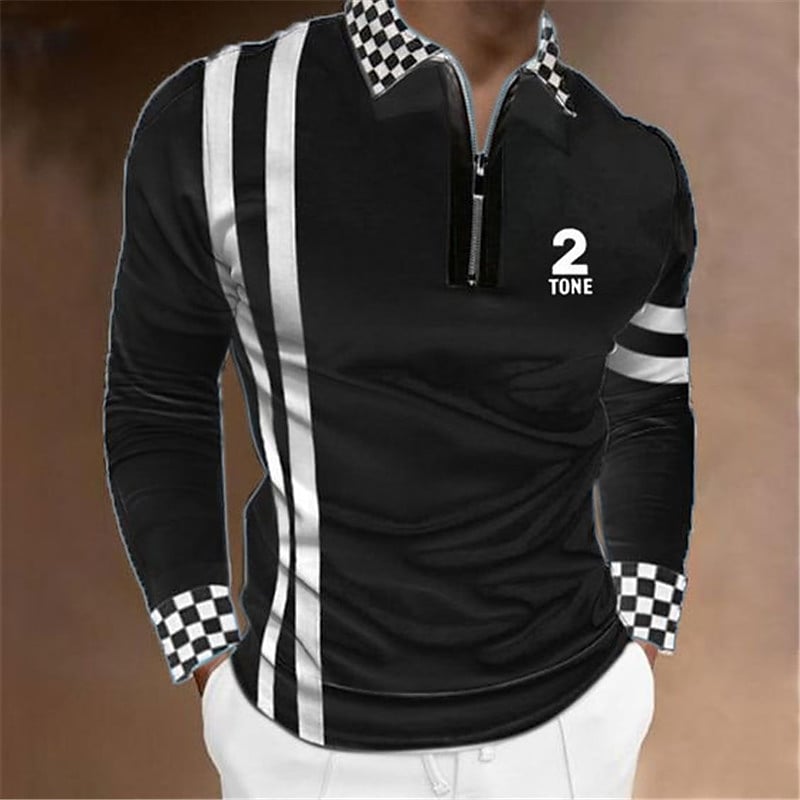 Men's Polo Shirt Golf Shirt Plaid Letter Graphic Prints Turndown Black