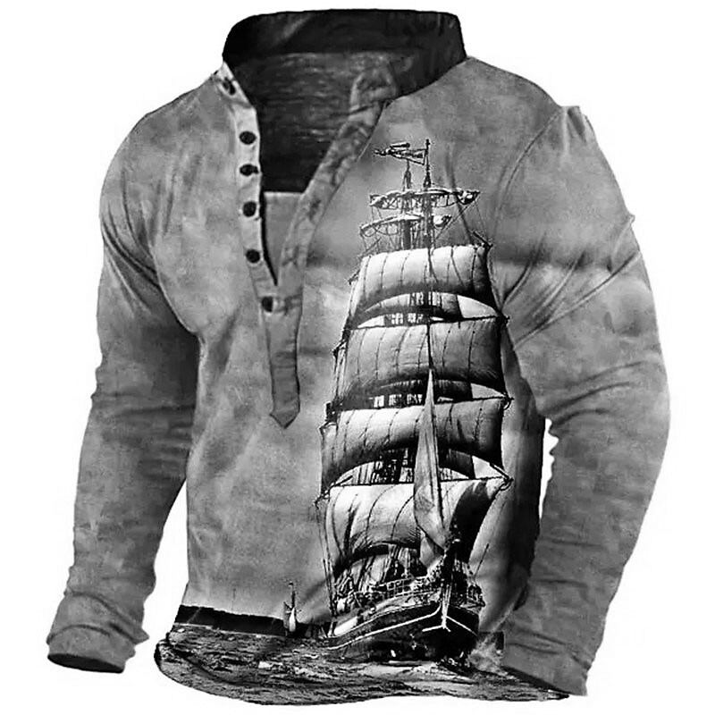 Men's Graphic Ship 3D Print  Button-Down Long Sleeve Henley Shirt