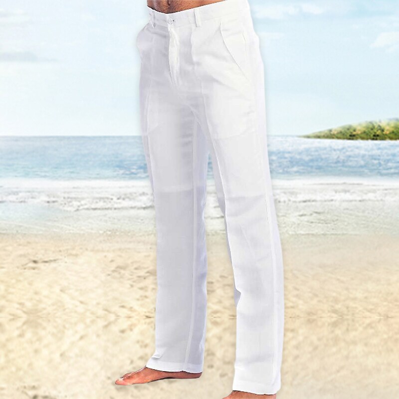 Men's Beach  Straight Leg Plain Comfort  Casual Linen / Cotton Pants