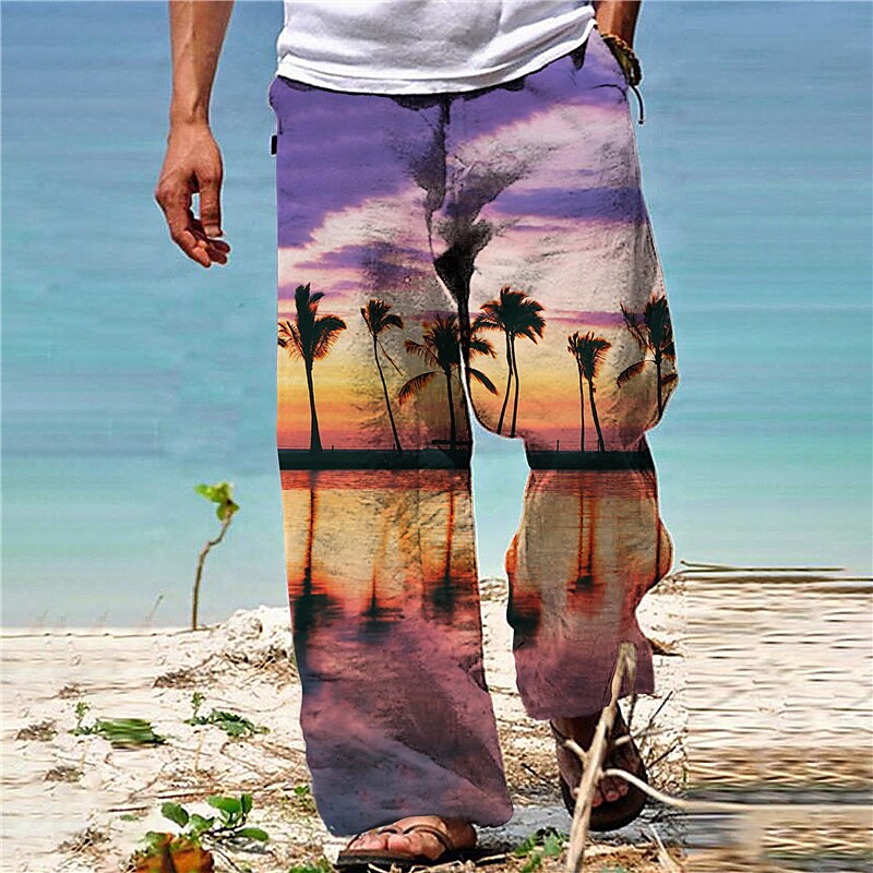 Men's  Drawstring Elastic Waist Straight Leg Coconut Tree Graphic Prints Landscape Hawaiian Beach Pants