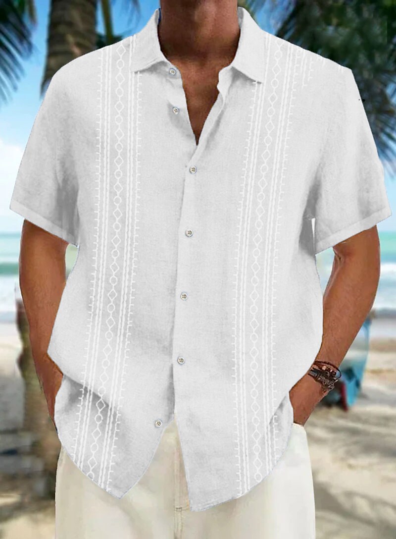 Men's Casual  Striped Lapel Hawaiian Short Sleeve  Linen Shirt 