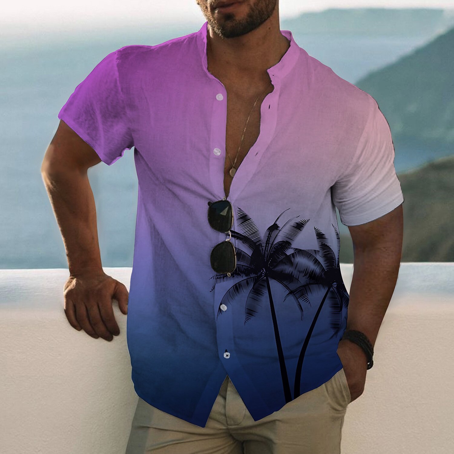 Men's Outdoor Hawaiian Casual Fashion Breathable Comfortable Light Print Short Sleeve Shirt