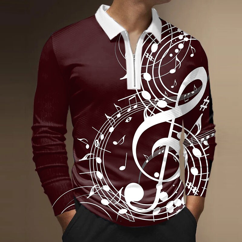 Men's Graphic Prints Notes Turndown Zipper Long Sleeve Polo Shirt