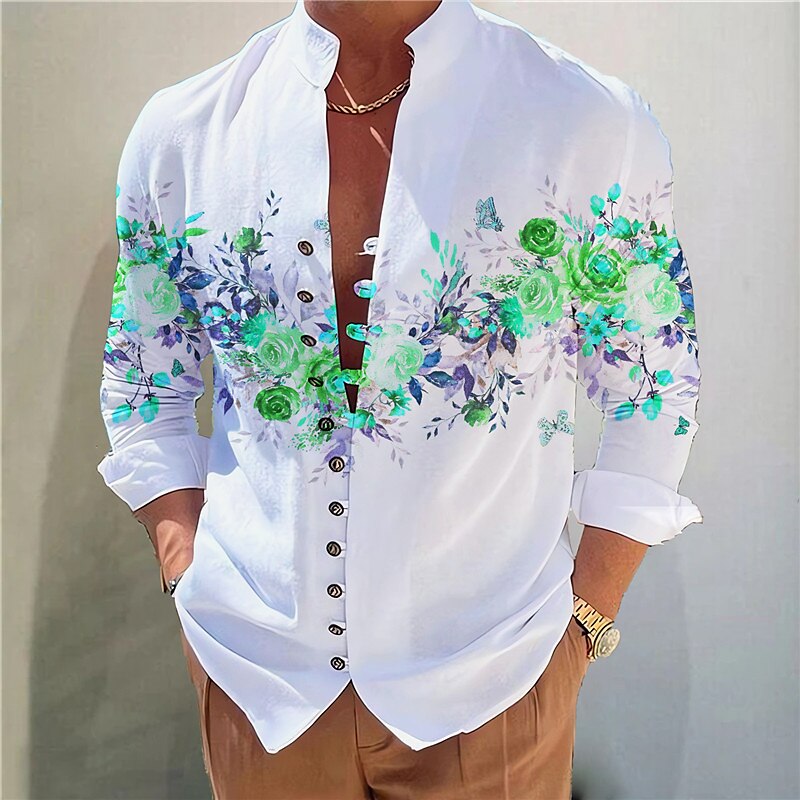 Men's  Floral Graphic Prints Stand Collar Long Sleeve  Shirt