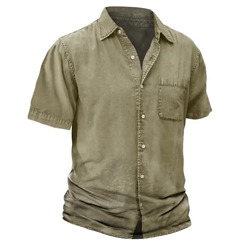 Men's Button Up Plain Turndown  Front Pocket Short Sleeve Shirt