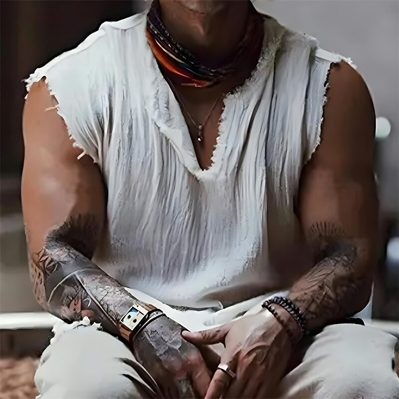 Men's Beach   Sleeveless Plain V Neck Hawaiian  Linen Shirt 