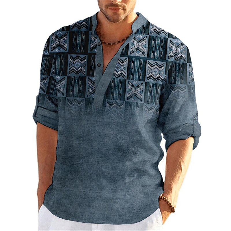 Men's Tribal Graphic Prints Vintage Geometry Stand Collar Casual  Long Sleeve Linen Shirt