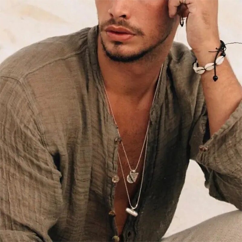 Men's Outdoor Beach Hawaiian Holiday Breathable Comfortable Light Plain Lapel Long Sleeve Shirt