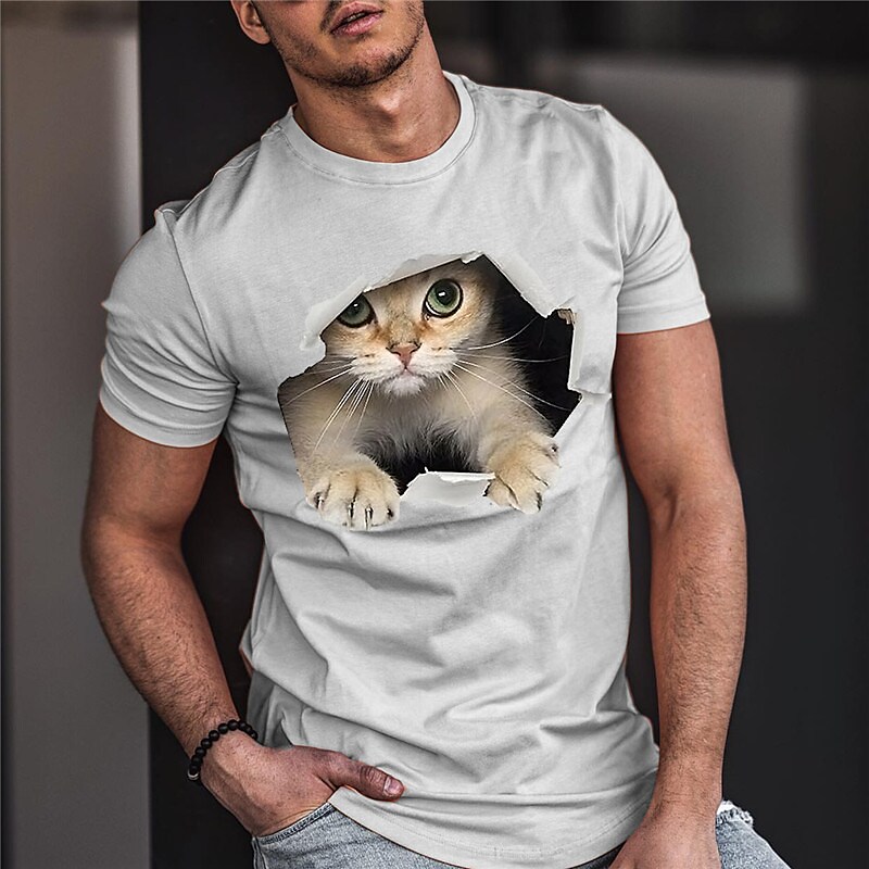 Men's  Animal Cat Crew Neck  Short Sleeve T-shirt