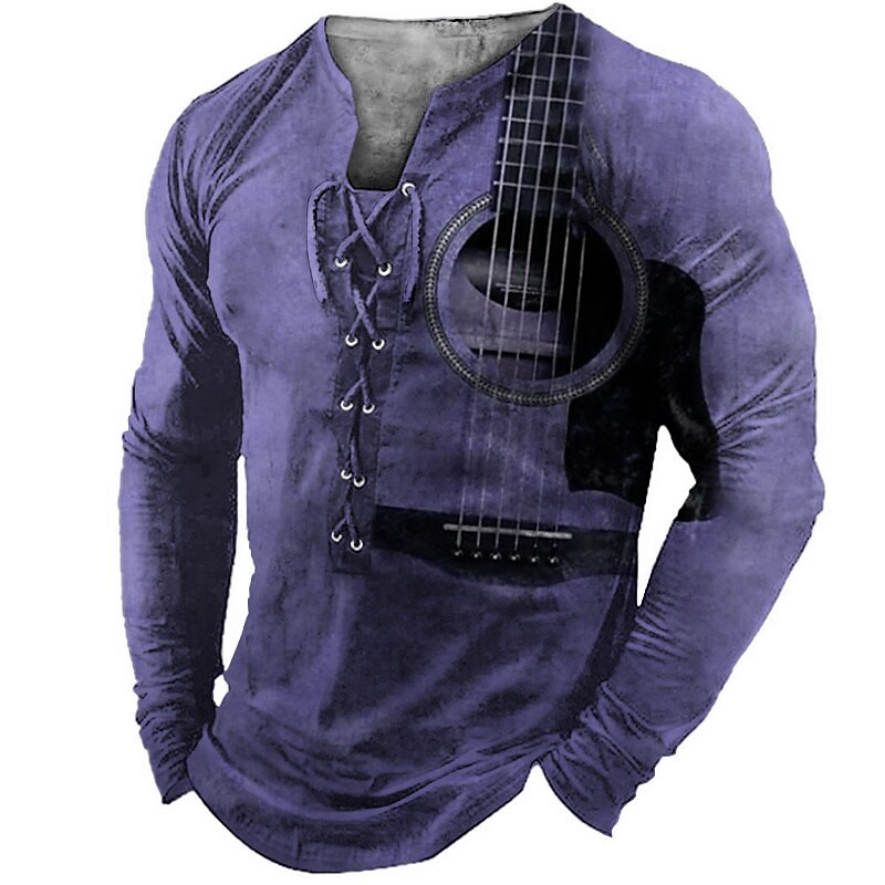 Men's Guitar Musical Instrument Lace up Classic Long Sleeve T-shirt