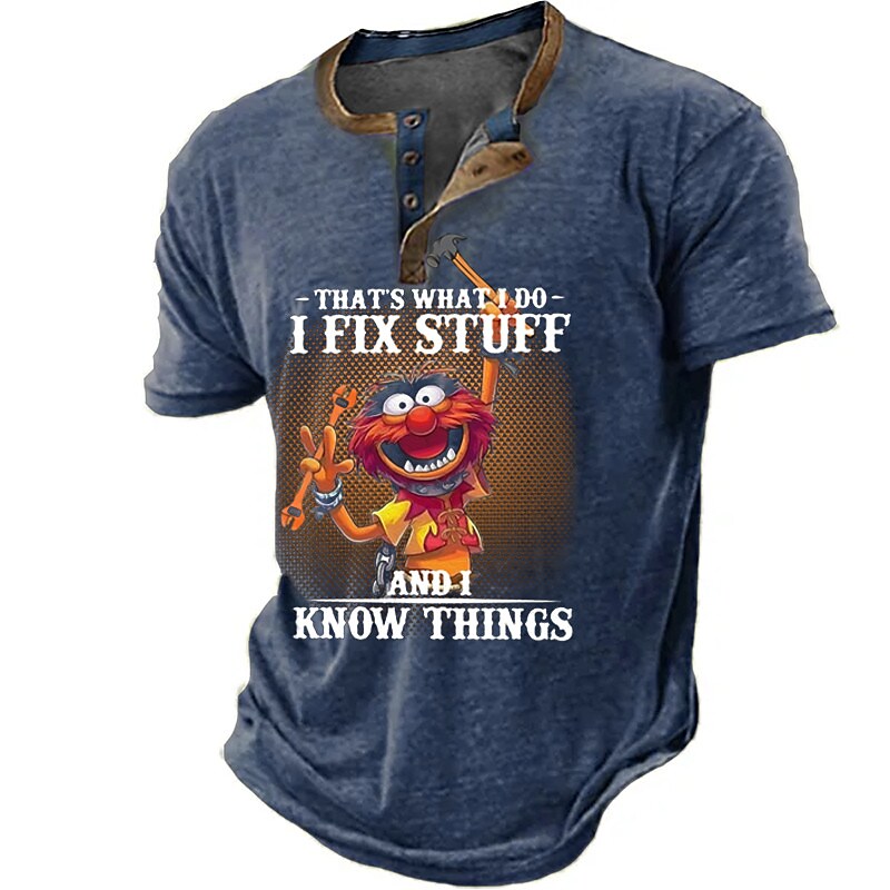 Men's Cartoon Button Down Short Sleeve Henley Shirt