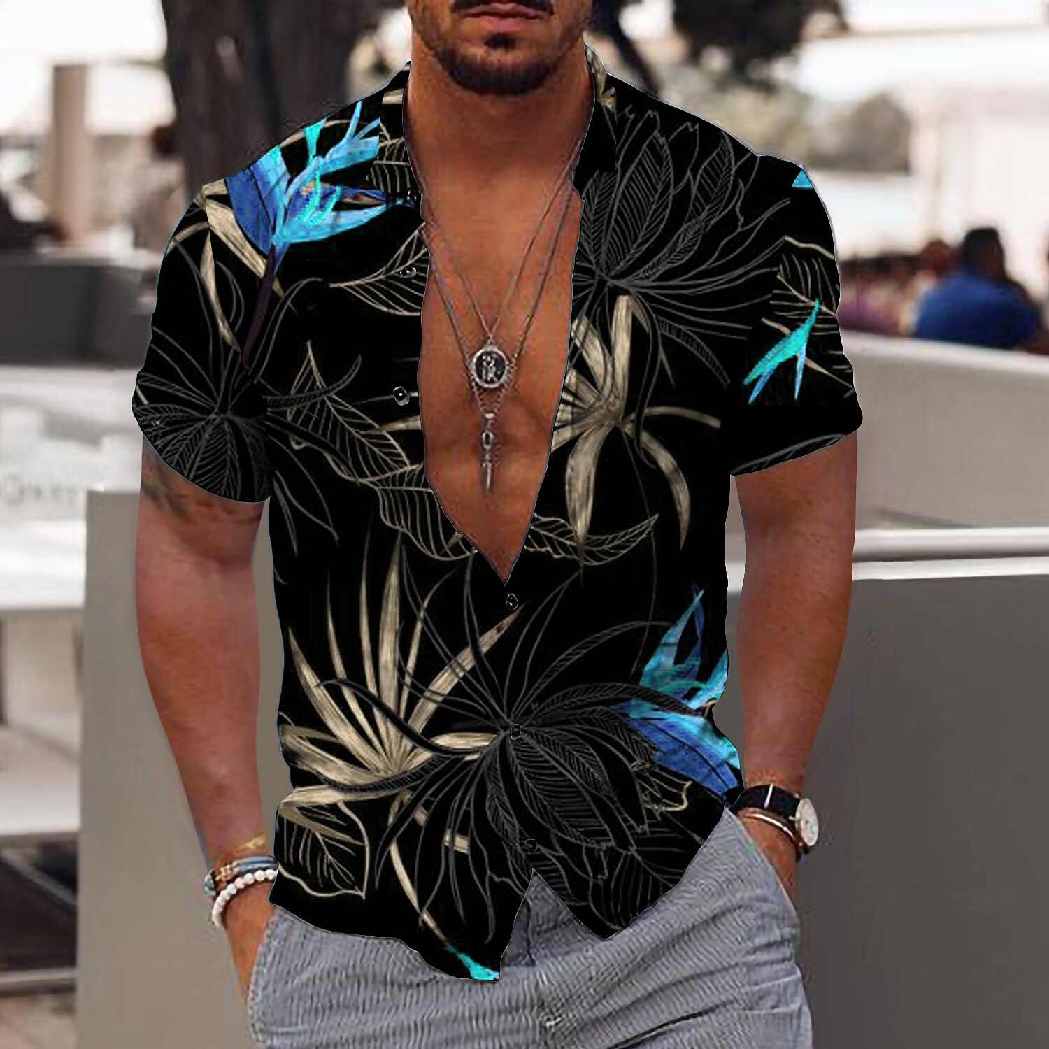 Men's Outdoor Holiday Casual Street Fashion Breathable Comfortable Light Print Short Sleeve Shirt