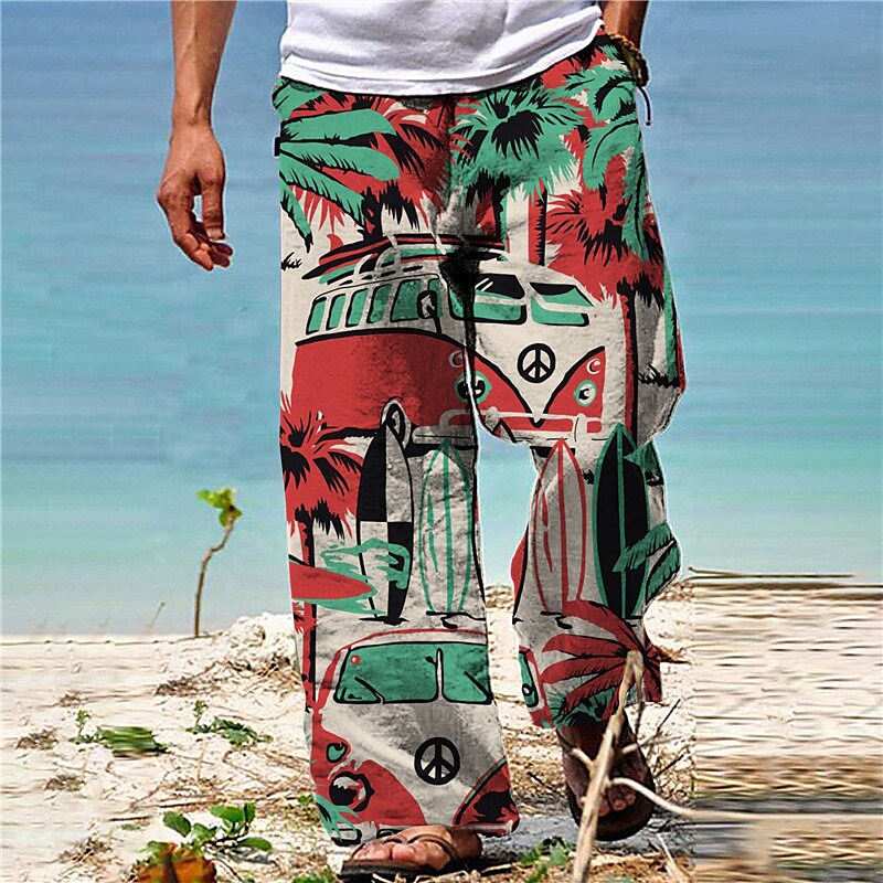 Men's Drawstring Elastic Waist Straight Leg Coconut Tree Graphic Prints Hawaiian Beach Pants