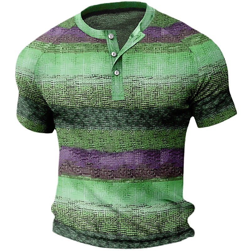 Men's Waffle Raglan Graphic Color Block Striped 3D Print Outdoor Short Sleeve Button Henley Shirt 