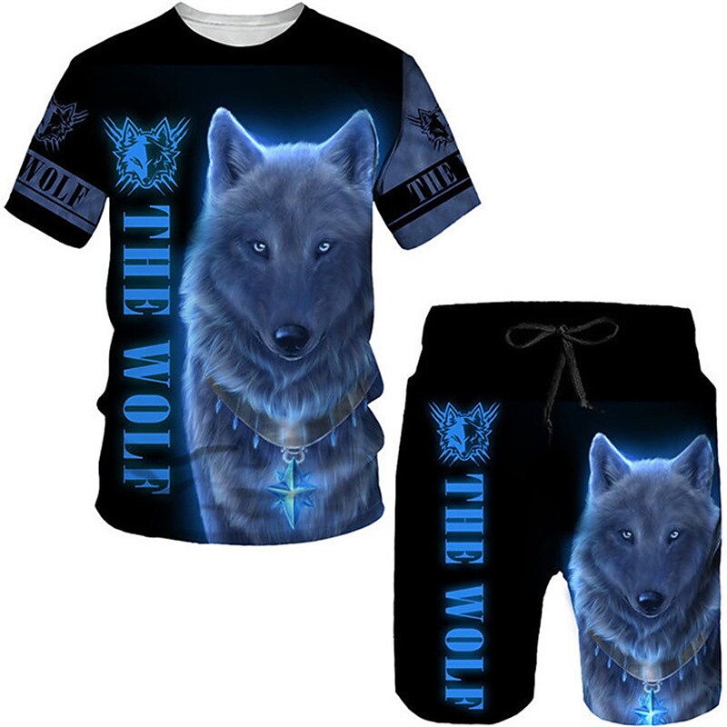 Men's  Wolf Crew Neck Short Sleeve  Shorts and T-Shirt Set 2 Piece