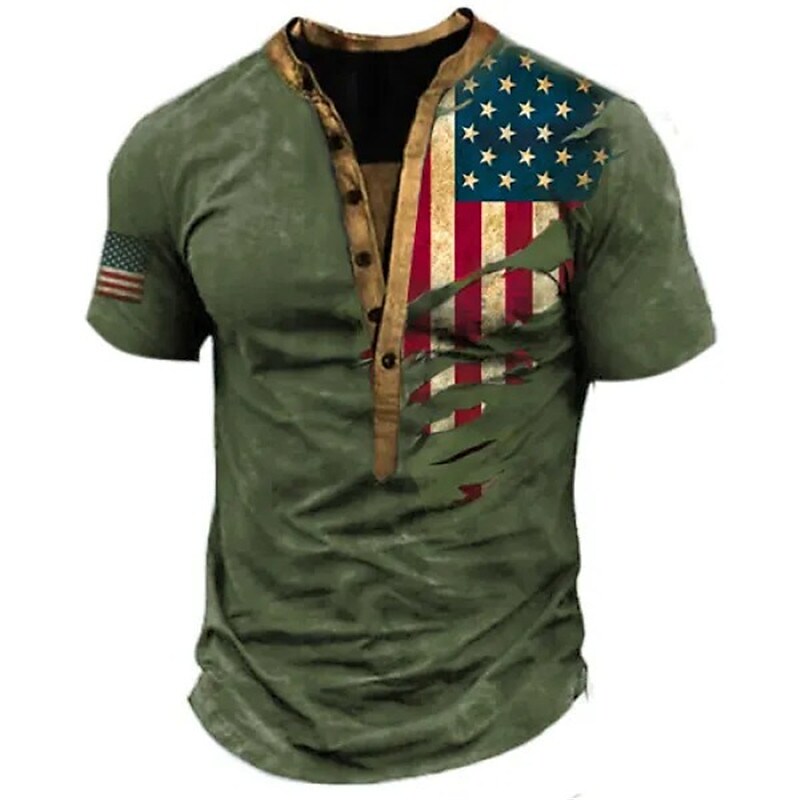 Men's  American Flag National Short Sleeve Button-Down Henley Shirt 