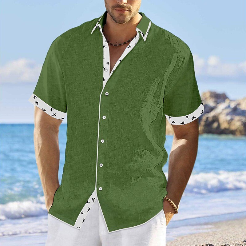 Men's Shirt Linen Shirt Button Up Shirt Casual Shirt Summer Shirt Beach Shirt Pink Navy Blue Blue Short Sleeves Color Block Lapel Spring & Summer Casual Daily Clothing Apparel