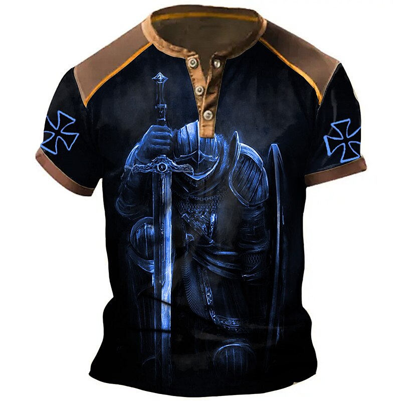 Men's T-Shirt Vintage Templar Henley Colorblock Short Sleeve Summer Daily Tops Black