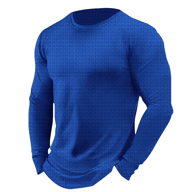 Men's Casual Home Sport Outdoor Breathable Stretch Comfortable Round Neck Waffle Plain Long Sleeve Shirt