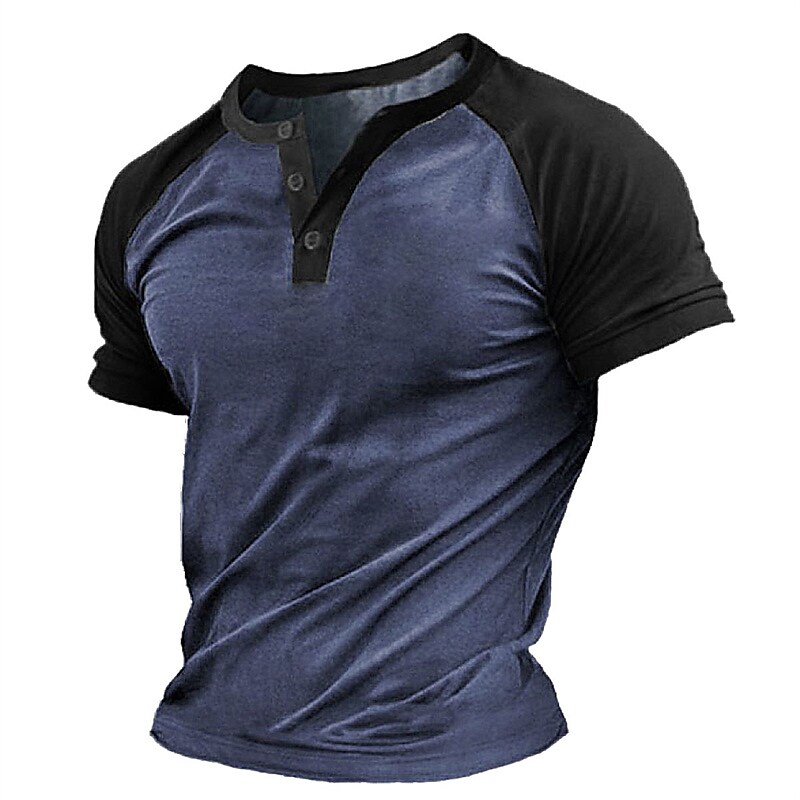Men's Cool Shirt Color  Patchwork Short Sleeves Henley Shirt