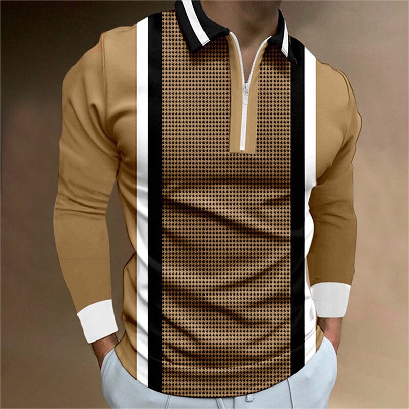 Men's Zip Houndstooth Striped Graphic Prints Turndown Polo Shirt