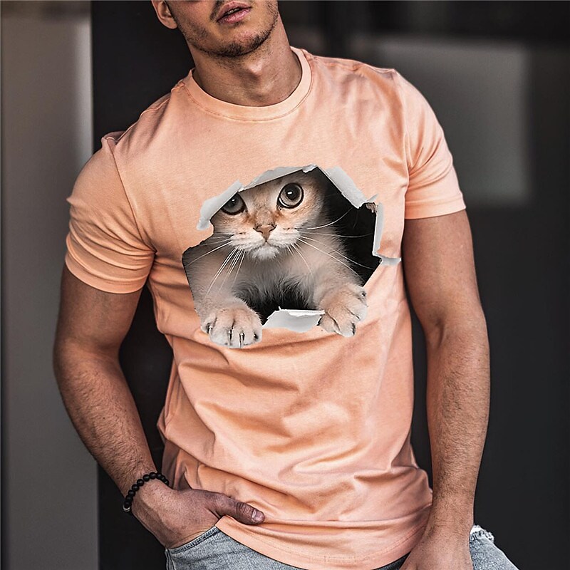Men's  Animal Cat Crew Neck  Short Sleeve T-shirt
