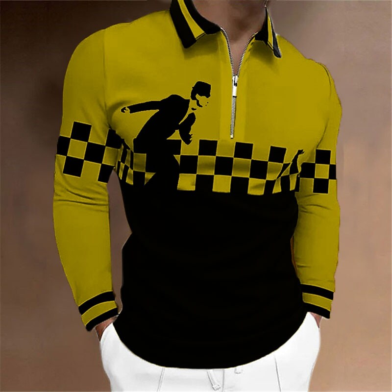 Men's Plaid Graphic Prints Turndown  Zipper Long Sleeve Polo Shirt