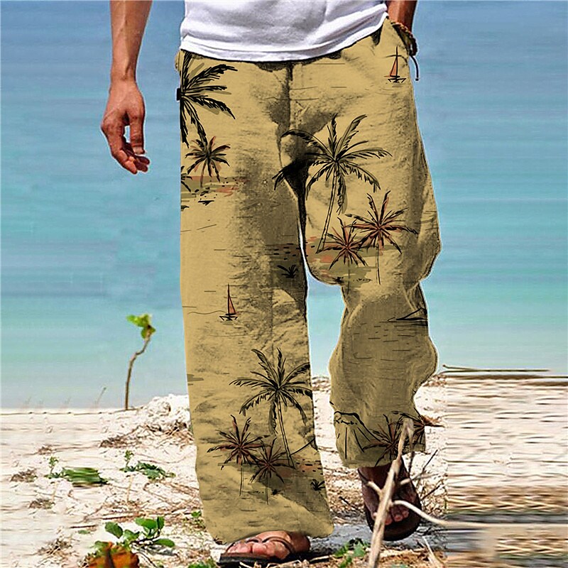 Men's Drawstring Elastic Waist  Coconut Tree Casual Hawaiian Trousers