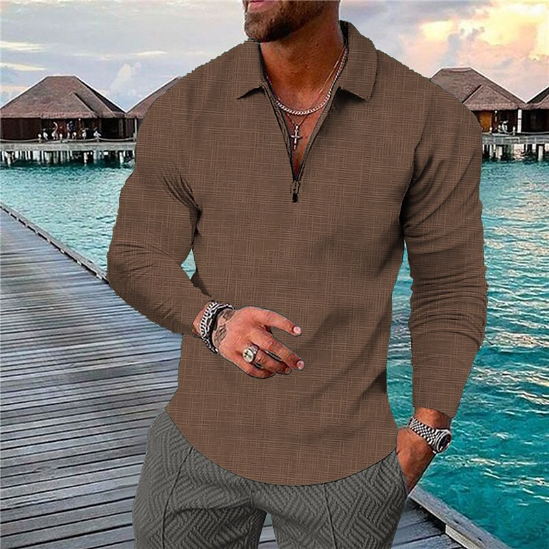Men's Golf Shirt 3D Print Plaid Half Zipper Long Sleeve T-shirt