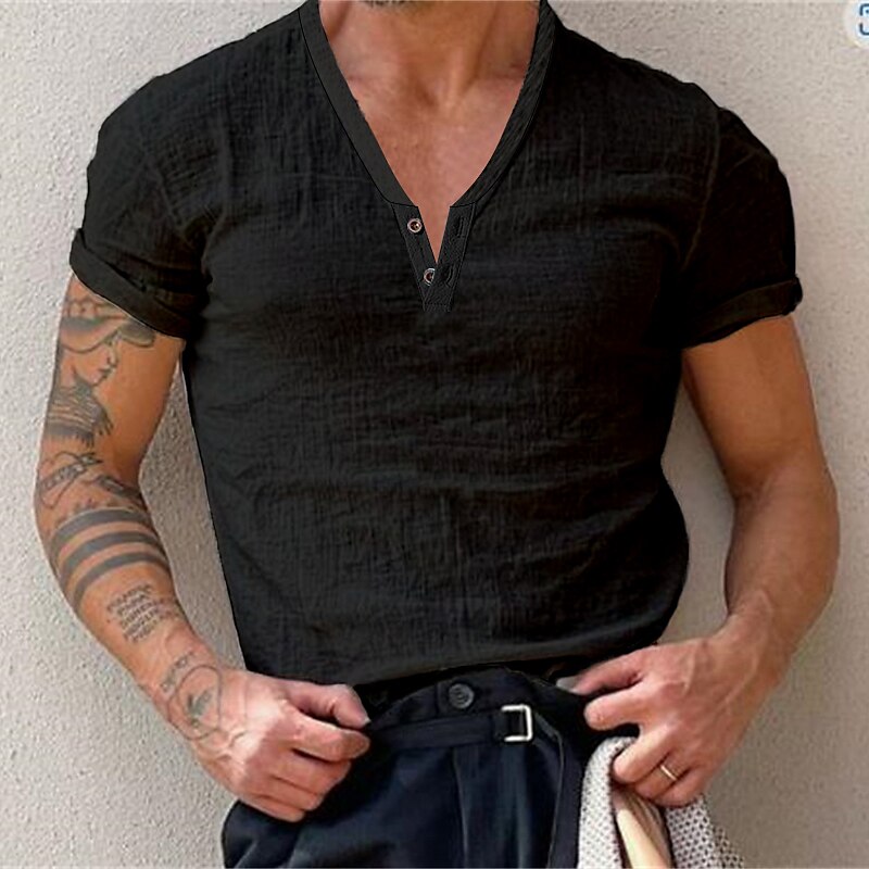 Men's T shirt Tee Henley Shirt Plain Henley Street Holiday Short Sleeve Button-Down Clothing Apparel Fashion Casual Comfortable