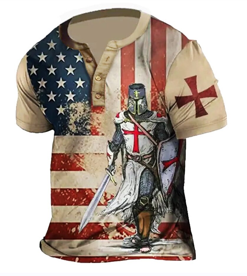 Men's T-Shirt Plus Size Short Sleeve Vintage Templar Cross American Flag Summer Daily Tops Khaki Gray